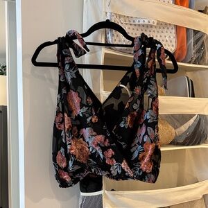 Free People Black Floral Tie-Shoulder Crop Top